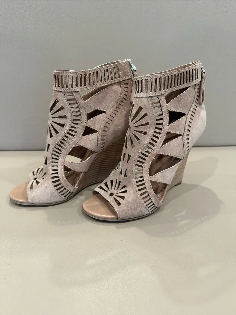 Sergio Rossi Blush Laser-Cut Peep-Toe Wedge Sandals